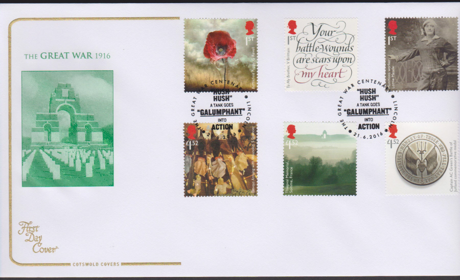 2016 - The Great War 1916, COTSWOLD First Day Cover, Great War GALUMPHANT LINCOLN Postmark